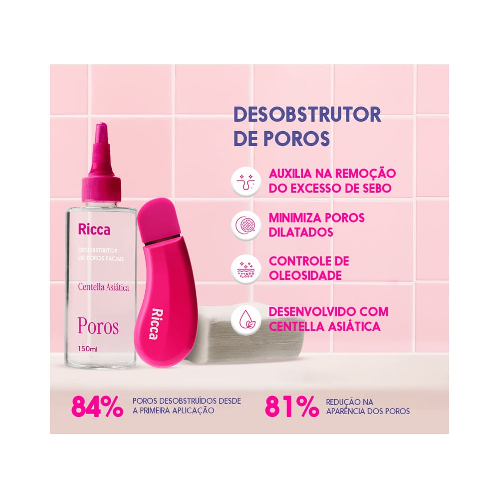 Loção Facial Ricca Desobstrutor de Poros 150ml em frasco branco com tampa rosa